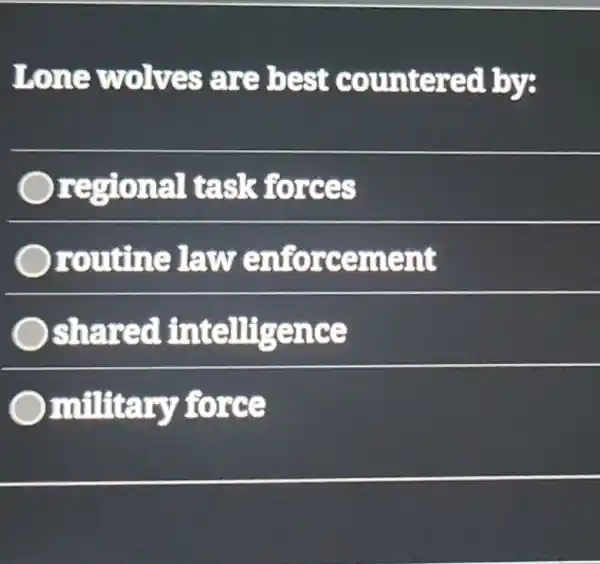 Lone wolves are best countered by:
regional task forces
routine law enforcement
shared intelligence
military fores