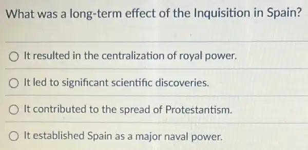 What was a long-term effect of the Inquisition in Spain?
It resulted in the centralization of royal power.
It led to significant scientific discoveries.
It contributed to the spread of Protestantism.
It established Spain as a major naval power.