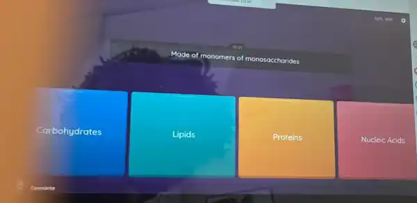 Made of monomers
of monosaccharides
Carbohydrates
Lipids
Proteins
Nucleic Acids