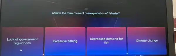 What is the main cause of overexploitation of fisheries?
Lack :k of government
regulations
Excessive fishing
Decreased demand for
fish
Climate change