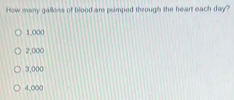 How many gallons of blood are pumped through the heart each day?
1,000
2,000
3,000
4,000