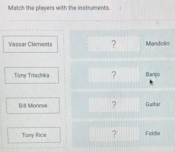 Match the players with the instruments.
Vassar Clements
Tony Trischka
Bill Monroe
Tony Rice
square  Mandolin
square  Banjo ?
square  Guitar 12
III
square  Fiddle