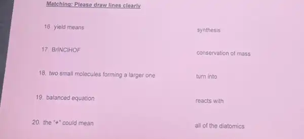 Matching: Please draw lines clearly
16. yield means
synthesis
17. BrINCIHOF
conservation of mass
18. two small molecules forming a larger one
turn into
19. balanced equation
reacts with
20. the +" could mean
all of the diatomics