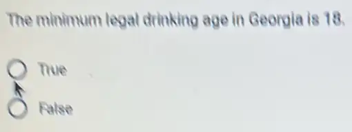 The minimum legal drinking age in Georgia is 18.
True
False