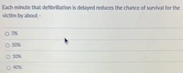 Each minute that defibrillation is delayed reduces the chance of survival for the
victim by about -
3% 
50% 
10% 
40%