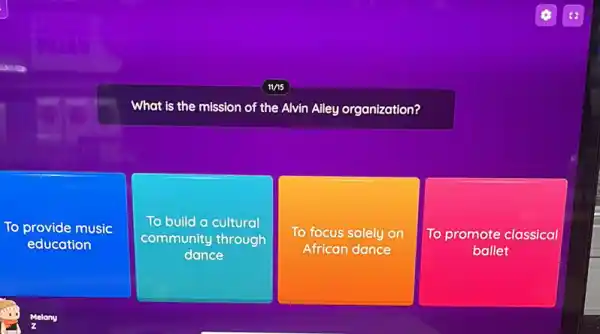 What is the mission of the Alvin Alley organization?
To provide music
education
To build a cultural
community through
dance
To focus solely on
African dance
To promote classical
ballet