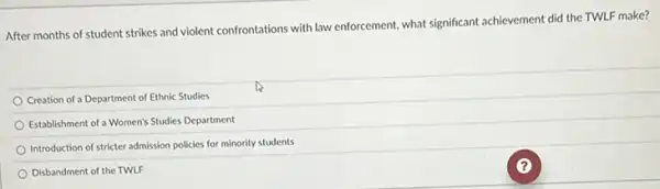 After months of student strikes and violent confrontations with law enforcement, what significant achievement did the TWLF make?
Creation of a Department of Ethnic Studies
Establishment of a Women's Studies Department
Introduction of stricter admission policies for minority students
Disbandment of the TWLF