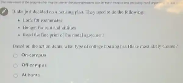 The movement of the progress bor may be uneven because questions can be worth more or less (ncluding zero) depent:on your onin
Blake just decided on a housing plan. They need to do the following:
- Look for roommates
- Budget for rent and utilities
- Read the fine print of the rental agreement
Based on the action items, what type of college housing has Blake most likely chosen?
On-campus
Off-campus
At home