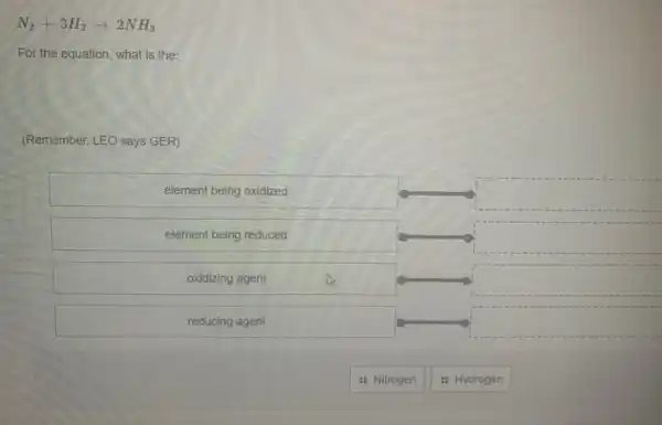 N_(2)+3H_(2)arrow 2NH_(3)
For the equation, what is the:
(Remember, LEO says GER)
element being oxidized
square 
element being reduced
square 
oxidizing agent
square 
reducing agent
square 
: Nitrogen
: Hydrogen