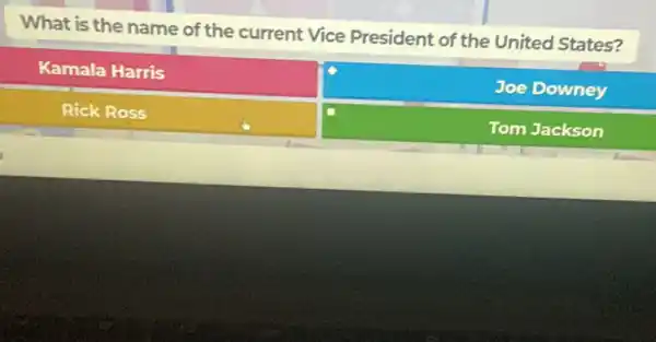 What is the name of the current Vice President of the United States?
Kamala Harris
Joe Downey
Rick Ross
Tom Jackson