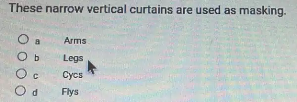 These narrow vertical curtains are used as masking.
a
Arms
b
Legs
c
Cycs
d
Flys