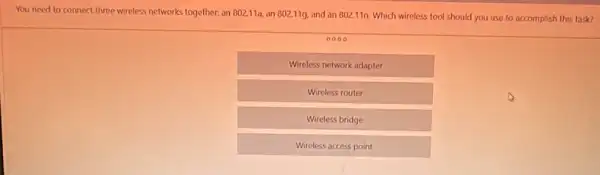 You need to connect three wireless networks together.an 802.11a, an 802.11g.and an 802110 Which wireless tool should you use to accomplish this task?
0000
Wireless network adapter
Wireless router
Wireless bridge
Wireless access point