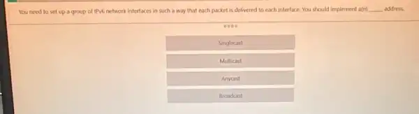 You need to set up a group of IPV6 network interfaces in such a way that each packet is delivered to each interface. You should implement a(n) __ address.
0000
Singlecast
Multicast
Anycast
Broadcast