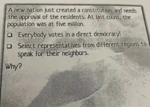 A new nation just created a constitution, and needs
the approval of the residents.At last count the
population was at five million.
Everybody votes in a direct democracy!
Select representatives from different regions to
speak for their neighbors.
Why?