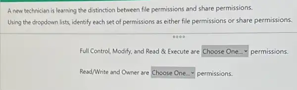 A new technician is learning the distinction between file permissions and share permissions.
Using the dropdown lists identify each set of permissions as either file permissions or share permissions.
Full Control, Modify, and Read & Execute are square  permissions
Read/Write and Owner are square  permissions.