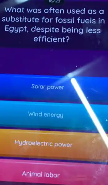 What was often used as a
substitute for fossil fuels in
Egypt,despite being less
efficient?
Solar power
Wind energy
Hydroelectric power
Animal labor