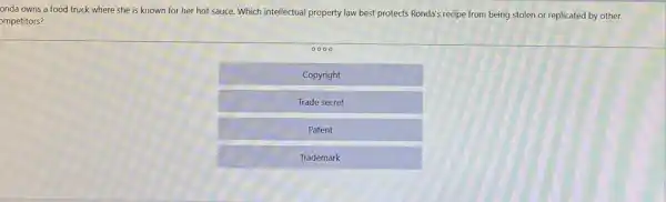 onda owns a food truck where she is known for her hot sauce. Which intellectual property law best protects Ronda's recipe from being stolen or replicated by other
ompetitors?
Copyright
Trade secret
Patent
Trademark