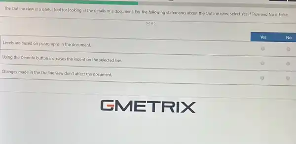 The Outline view is a useful tool for looking at the details of a document. For the following statements about the Outline view, select Yes if True and No if False.
Levels are based on paragraphs in the document.
Changes made in the Outline view don't affect the document.