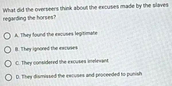 What did the overseers think about the excuses made by the slaves
regarding the horses?
A. They found the excuses legitimate
B. They ignored the excuses
C. They considered the excuses irrelevant
D. They dismissed the excuses and proceeded to punish