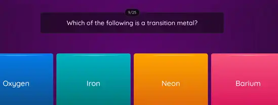 Oxygen
Which of the following is a transition metal?
Iron
Neon
Barium