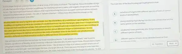 Passages
And multiple fungi can colonize the roots of all or most of the trees in a forest. The hyphae, those threadlike strings
of cells that are the fungus, function as pathways for shuttling nutrients water, and organic compounds around the
forest. The mycologist Paul Stamets believes that mycorrhizal fungi function as a giant communications network
between multiple trees in a forest-he calls it "nature's Internet." Others have described this linkage as the
"architecture of the wood wide web."
Weaker plants areable to tap into this network, too, like hitchhikers on a nutritional superhighway . Young
seedlings struggling to grow in the shadow of established trees tap into the larger, older tree's fungal network
to improve their nutritional uptake. This network exists to benefit not only established trees and seedlings of
the same species but also trees from different species and at different stages of development. So one
multitasking fungus, its hyphae attached to the roots of multiple trees in the forest, can simultaneously
provide a different nutritional load as needed to different trees. It's a couture service.
The old trees in a forest function as hubs for these mycellal networks."like spokes of a wheel; said Suzanne
Simard, a professor of forestry at the University of British Columbia who studies mycorrhizae. Rhizomorphs tropes
of hyphae)connect the foundation tree withother trees-like an express stop on a subway system where lots of
local trains come through-and the bigger the tree the larger the hub That's because the largest trees have the
greatest root system, and the more roots there are the more realestate there is for the fungus to colonize. "In one
The main idea of the fourth paragraph (highlighted)is that:
A
networks of fungi benefit different species of trees at various
A
levels of development.
B
young seedings typically tap into the roots of trees that are the
same species as the seedlings.
C
established trees genetically alter fungal networks to benefit
different species of trees.
different species of trees can be identified based on their
nutritinnalintake