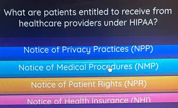 What are patients entitled to receive from
healthcare providers under HIPAA?
Notice of Privacy Practices (NPP)
Notice of Medical Procendures (NMP)
Notice of Patient Rights (NPR)
Notice of Health Insurance (NHI)