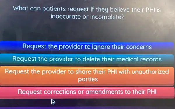 What can patients request if they believe their PHI is
inaccurate or incomplete?
Request the provider to ignore their concerns
Request the provider to delete their medical records
Request the provider to share their PHI with unauthorized
parties
Request corrections or amendments to their PHI