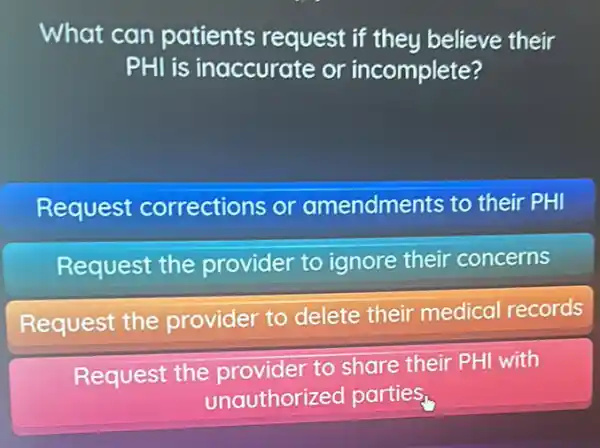 What can patients request if they believe their
PHI is inaccurate or incomplete?
Request corrections or amendments to their PHI
Request the provider to ignore their concerns
Request the provider to delete their medical records
Request the provider to share their PHI with
unauthorized parties.