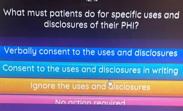 What must patients do for specific uses and
disclosures of their PHI?
Verbally consent to the uses and disclosures
Consent to the uses and disclosures in writing
Ignore the uses and disclosures
No oction remired