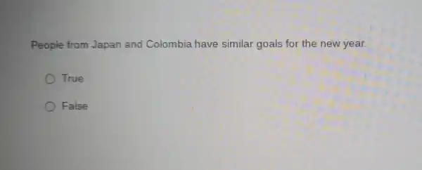 People from Japan and Colombia have simi lar goals for the new year.
True
False