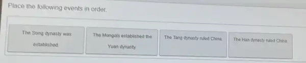 Place the following events in order.
The Song dynasty was
established
The Mongols established the
Yuan dynasty.
The Tang dynasty ruled China.
The Han dynasty ruled China.