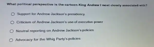 What political perspective is the cartoon King Andrew I most closely associated with?
Support for Andrew Jackson's presidency
Criticism of Andrew Jackson's use of executive power
Neutral reporting on Andrew Jackson'policies
Advocacy for the Whig Party's policies