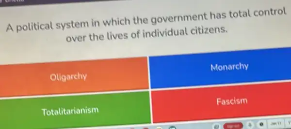 A political system in which the government has total control
over the lives of individual citizens.
Oligarchy
Monarchy
Totalitarianism
Fascism