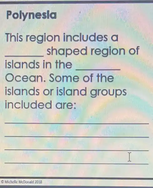 Polynesla
This region includes a
__ shaped region of
islands in the __
Ocean . Some of the
islands or island groups
included are:
__