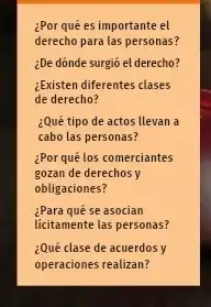 ¿Por qué es importante el
derecho para las personas?
¿De dónde surgió el derecho?
¿Existen diferentes clases
de derecho?
¿Qué tipo de actos llevan a
cabo las personas?
¿Por qué los comerciantes
gozan de derechos y
obligaciones?
¿Para qué se asocian
licitamente las personas?
¿Qué clase de acuerdos y
operaciones realizan?