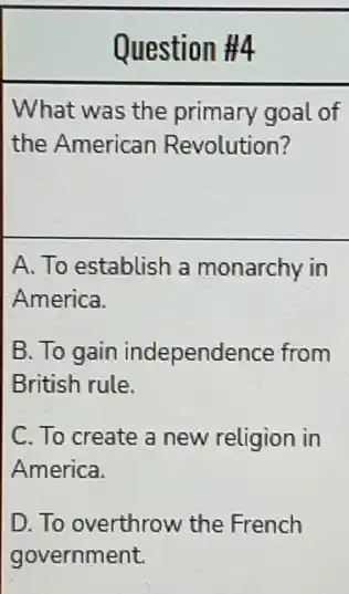 What was the primary goal of
the American Revolution?
A. To establish a monarchy in
America.
B. To gain independence from
British rule.
C. To create a new religion in
America.
D. To overthrow the French
government.