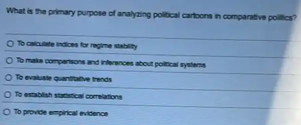 What is the primary purpose of analyzing political cartoons in comparative politics?
To calculate Indices for regime stability
To make comparisons and inferences about political systems
To evaluate quantitative trends
To establish statistical correlations
To provide empirical evidence