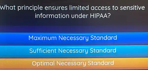 What principle ensures limited access to sensitive
information under HIPAA?
Maximum Necessary Standard
Sufficient Necessary Standard
Optimal Necessary Standard