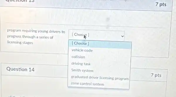 program requiring young drivers to
progress through a series of
licensing stages
square 
[Choose]
[Choose]
vehicle code
collision
driving task
Smith system
graduated driver licensing program
Question 14
7 pts
7 pts