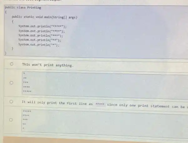 public class Printing
public static void main(String[]arg=)
System.out.println("
System.out.println ()
System.out.println ()
System.out.println("
System.out.println("
)
This won't print anything.
square 
It will only print the first line as
hundred
square 
https://www.