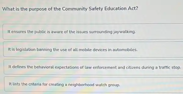 What is the purpose of the Community Safety Education Act?
It ensures the public is aware of the issues surrounding jaywalking.
It is legislation banning the use of all mobile devices in automobiles.
It defines the behavioral expectations of law enforcement and citizens during a traffic stop.
It lists the criteria for creating a neighborhood watch group.