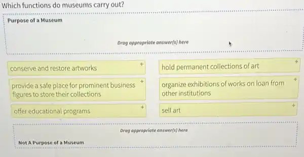 Not A Purpose of a Museum
Which functions do museums carry out?
Drag appropriate answer(s) here
conserve and restore artworks
hold permanent collections of art
provide a safe place for prominent business
figures to store their collections
organize exhibitions of works on loan from
other institutions
offer educational programs
square 
4.
Drag appropriate answer(s) here