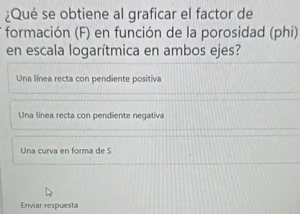 ¿Qué se obtiene al graficar el factor de
formación (F) en función de la porosidad (phi)
en escala logarítmica en ambos ejes?
Una línea recta con pendiente positiva
Una línea recta con pendiente negativa
Una curva en forma de S