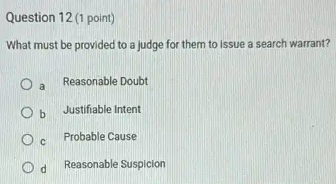 Question 12 (1 point)
What must be provided to a judge for them to issue a search warrant?
a Reasonable Doubt
b Justifiable Intent
c Probable Cause
d Reasonable Suspicion