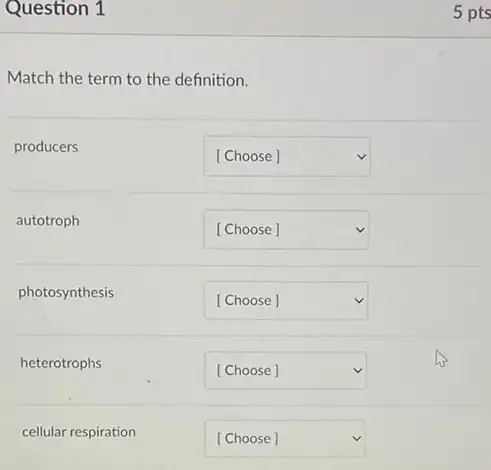 Question 1
Match the term to the definition.
producers
square  v
autotroph
square  v
photosynthesis
square  v
heterotrophs
square  v
cellular respiration
square  v
5 pts