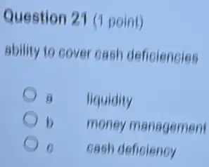 Question 21 (1 point)
ability to cover eash deficiencies
B liquidity
b money management
6 cash deficienoy