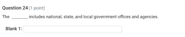 Question 24(1 point)
The __ includes national, state, and local government offices and agencies.
Blank 1: square