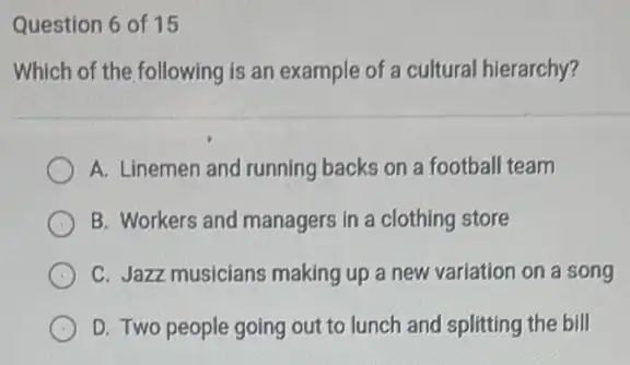 Question 6 of 15
Which of the following is an example of a cultural hierarchy?
A. Linemen and running backs on a football team
B. Workers and managers in a clothing store
C. Jazz musicians making up a new variation on a song
D. Two people going out to lunch and splitting the bill