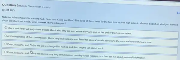 Question 6quultiple Choce Worth 2 points)
(01.01 MC)
Natasha is hearing and is learning ASL. Peter and Claire are Deaf.The three of them meet for the first
time in their high school cafeteria. Based on what you learned
about introductions in ASL what is most likely to happen?
OClaire and Peter will only share details about who they are and where they are from at the end of their conversation.
At the beginning of the conversation, Claire may ask Natasha and Peter for several details about who they are and where they are from.
Peter, Natasha, and Claire will just exchange first names and then maybe talk about lunch.
Peter, Natasha, and Quire will have a very long conversation, possibly about hobbies or school but not about personal information.