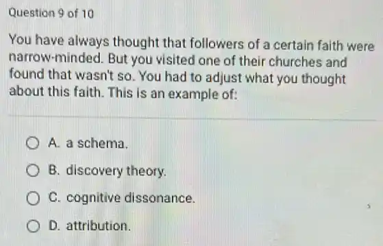 Question 9 of 10
You have always thought that followers of a certain faith were
narrow-minded. But you visited one of their churches and
found that wasn't so You had to adjust what you thought
about this faith. This is an example of:
A. a schema.
B. discovery theory.
C. cognitive dissonance.
D. attribution.